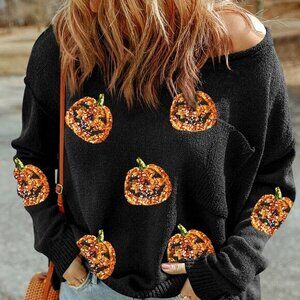 Pumpkin Round Neck Long Sleeve Knit Top
